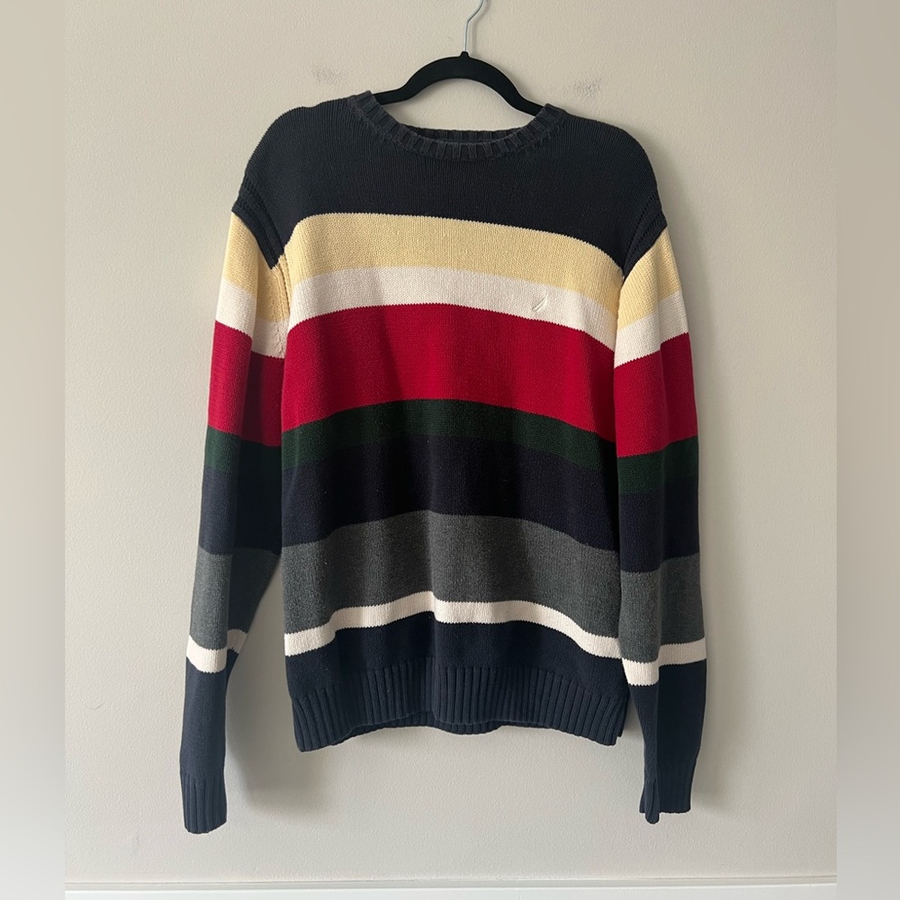 Nautica Striped Cotton Sweater L Colorblock Crewneck Nautical Pullover
